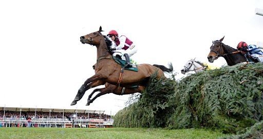 Seabass, ridden by Katie Walsh, leads at the final fence before losing steam at the Grand National on April 14, 2012