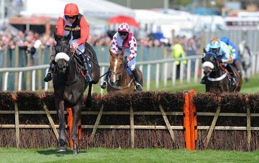 Big Bucks ridden by Ruby Walsh jumps the last fence on the way to winning the Liverpool Hurdle race on April 12, 2012