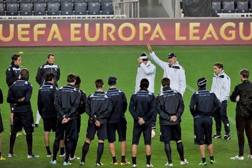 Lazio coach Vladimir Petkovic gestures to his players during a training session on April 3, 2013