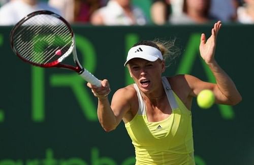 Caroline Wozniacki plays a forehand during the second round of the Miami Masters on March 21, 2013