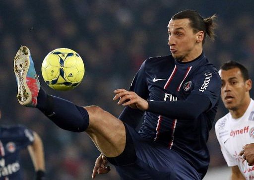 PSG&#039;s Zlatan Ibrahimovic kicks the ball during their match against Montpellier, in Paris, on March 29, 2013