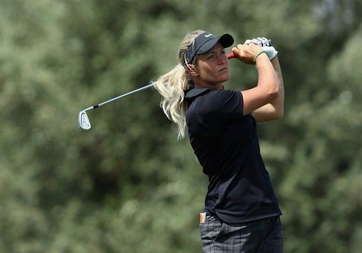 Suzann Pettersen hits a tee shot during the first round of the Kraft Nabisco Championship on April 4, 2013