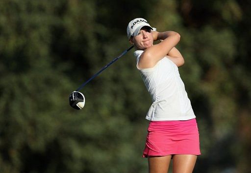 Jodi Ewart Shadoff hits a tee shot during the first round of the Kraft Nabisco Championship on April 4, 2013