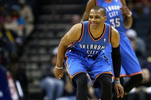 Russell Westbrook of the Oklahoma City Thunder reacts after a play on March 8, 2013
