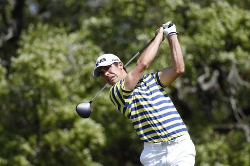 Billy Horschel hits his drive on the second hole during the third round of the Valero Texas Open on April 6, 2013