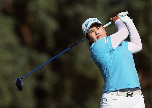 Inbee Park hits her tee shot on the 16th during the third round of the Kraft Nabisco Championship on April 6, 2013