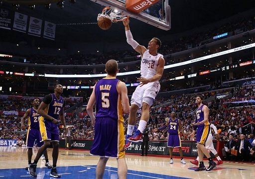 Blake Griffin of the Los Angeles Clippers slam-dunks the ball against the Lakers on April 7, 2013