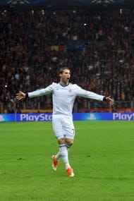 Real Madrid's Cristiano Ronaldo (C) celebrates after scoring on April 9, 2013 at Ali Sami Yen stadium in Istanbul