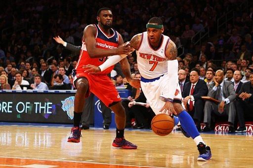 The NY Knicks&#039; Carmelo Anthony and Washington Wizards&#039; Chris Singleton are pictured during their game on April 9, 2013