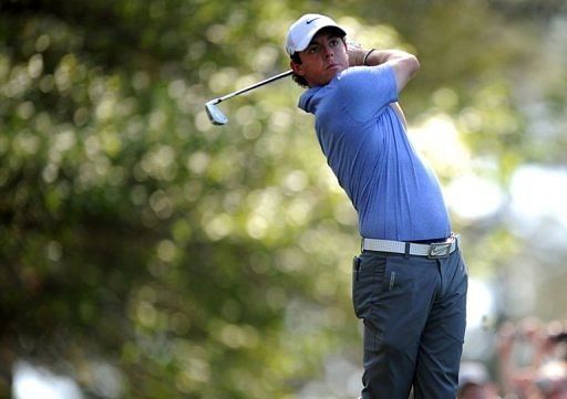 Rory McIlroy plays a shot during a practice round at the Masters tournament at Augusta National on April 9, 2013