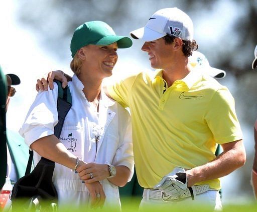 Rory McIlroy and his girlfriend Caroline Wozniacki pictured during the Par 3 contest at Augusta on April 10, 2013