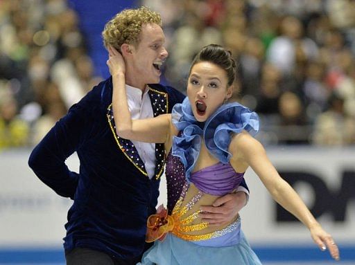 Madison Chock (R) and Evan Bates of the US perform in the ice dance - short dance competition in Tokyo, April 11, 2013.