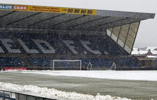 Snow covers the Windsor Park pitch and stadium in Belfast, Northern Ireland, on March 22, 2013