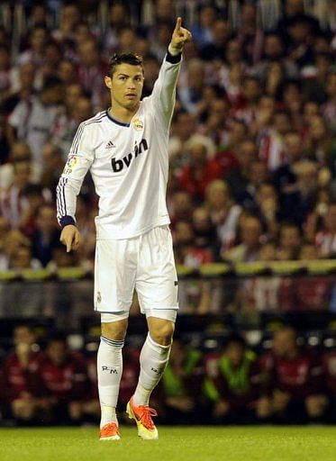 Real Madrid&#039;s Cristiano Ronaldo reacts at San Mames stadium in Bilbao on April 14, 2013