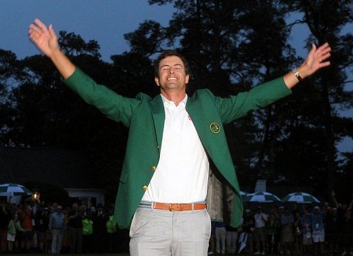 Adam Scott celebrates becoming the first Australian to win the Masters tournament, in Augusta, on April 14, 2013