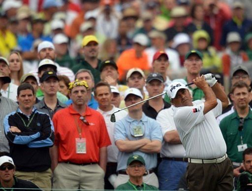 Angel Cabrera tees off during the fourth round of the 77th Masters golf tournament in Augusta, on April 14, 2013