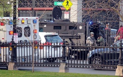 Military and State Police secure a staging area at the Boston Common following the Boston Marathon on April 15, 2013
