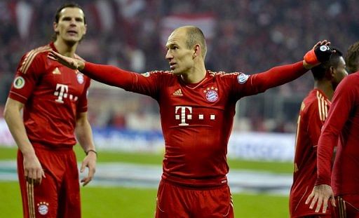 Bayern&#039;s Arjen Robben celebrates after their German Cup quarter-final win over Dortmund, in Munich, on February 27, 2013