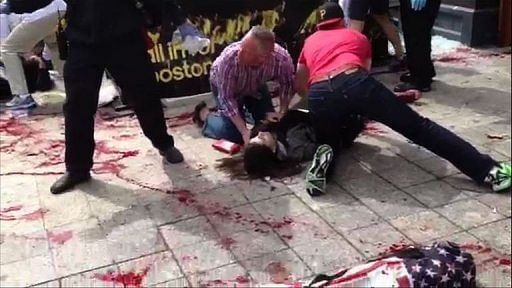 A video grab shows the victims of one of the blasts at the finish line of the Boston Marathon on April, 15, 2013