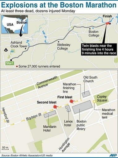 Graphic locating the first and second blasts at the Boston marathon on Monday
