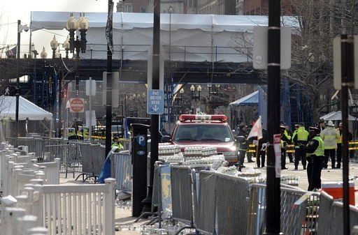 The finish line at the Boston Marathon where two bomb blasts killed at least three and wounded scores on April 15, 2013