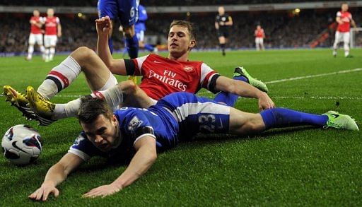 Everton&#039;s Seamas Coleman (L) vies with Arsenal&#039;s Aaron Ramsey (R) in north London, on April 16, 2013
