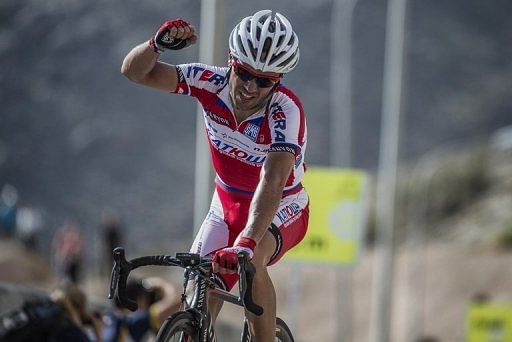 Spain&#039;s Joaquim Rodriguez celebrates after winning the fourth stage of the Tour of Oman on February 14, 2013