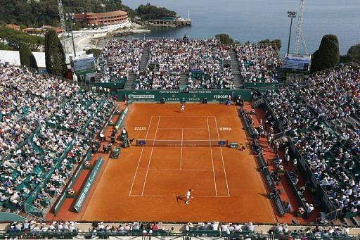 Serbia&#039;s Novak Djokovic hits a return to Russia&#039;s Mikhail Youzhny on April 17, 2013