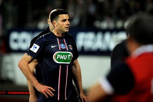 Paris Saint-Germain&#039;s Thiago Motta reacts after receiving a red card on April 17, 2013 in Annecy