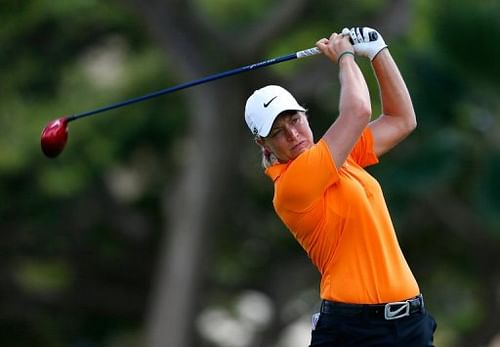 Suzann Pettersen tees off the ninth hole at the Ko Olina Golf Club in Kapolei, Hawaii, on April 18, 2013