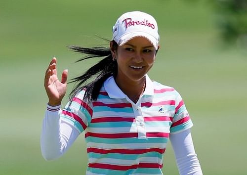 Ai Miyazato reacts after a birdie putt on the 4th green at the Ko Olina Golf Club in Kapolei, Hawaii, on April 18, 2013