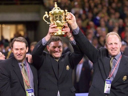 Tim Lane (left) with Australian coach Rod Macqueen after the Rugby World Cup 1999 final on November 6, 1999 in Cardiff