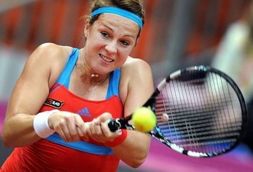 Russia's Anastasia Pavlyuchenkova returns to Slovakia's Dominika Cibulkova in Moscow on April 20, 2013