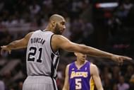 Tim Duncan of the San Antonio Spurs during Game One of the Western Conference Quarterfinals on April 21, 2013