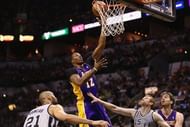 Dwight Howard of the Los Angeles Lakers takes a shot on April 21, 2013