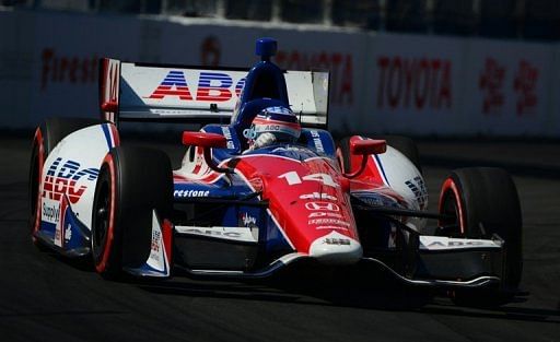 Takuma Sato steers his A. J. Foyt Racing car to victory on April 21, 2013 on the streets of Long Beach, California