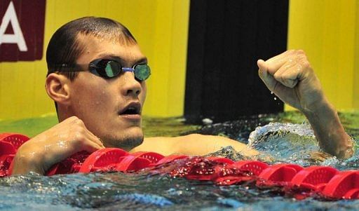 Arkady Vyatchanin celebrates after winning the 200m backstroke at the Swimming World Cup in Berlin on October 31, 2010