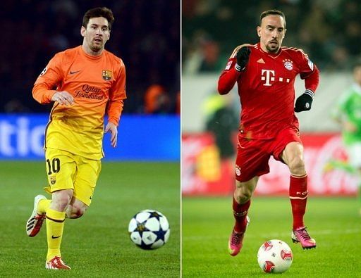 Bayern Munich winger Franck Ribery (R) and Barcelona&#039;s Lionel Messi