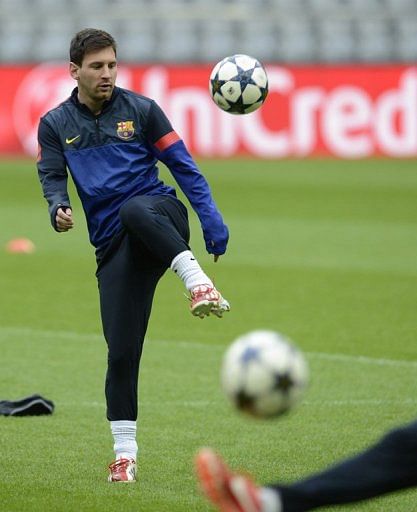 Lionel Messi during training on the eve of the UEFA Champions League semi-final, first leg, on April 22, 2013