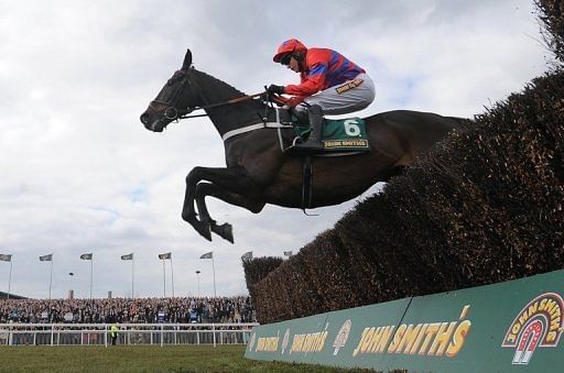 Sprinter Sacre clears the last fence on its way to winning the Melling Steeple Chase in Liverpool, April 5, 2013