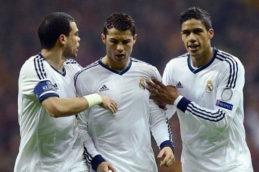 (L-R) Real Madrid&#039;s Pepe, Cristiano Ronaldo and Raphael Varane pictured during a match in Istanbul on April 9, 2013