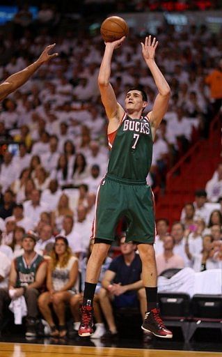 Ersan Ilyasova of the Milwaukee Bucks shoots during their game against the Miami Heat in Florida on April 23, 2013