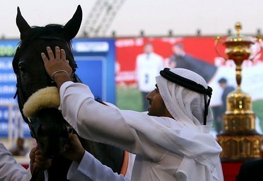 Crown Prince of Dubai Mohammed al-Maktoum pats Cavalryman, owned by Godolphin stables, on March 30, 2013