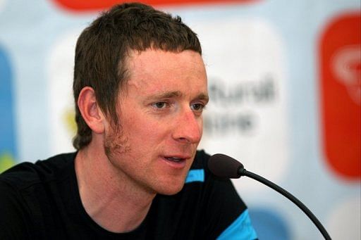 Britain&#039;s cyclist Bradley Wiggins gives a press conference at the city hall in Lienz, on April 15, 2013