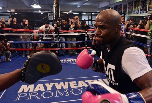 Boxer Floyd Mayweather works out at the Mayweather Boxing Club on April 17, 2013 in Las Vegas, Nevada