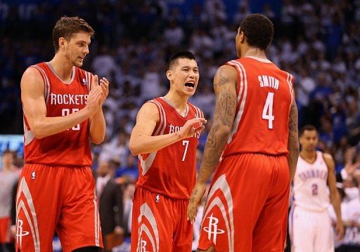 The Houston Rockets&#039; (L-R) Chandler Parsons, Jeremy Lin and Greg Smith are pictured during their game on April 24, 2013