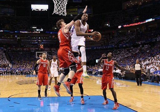 Kevin Durant of the Oklahoma City Thunder attempts a shot during the game against the Houston Rockets on April 24, 2013