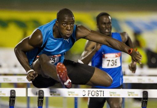 Jamaica&#039;s Andrew Riley during the 110m hurdles final of the Olympic trials in Kingston, on June 30, 2012