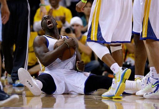 Draymond Green of the Golden State Warriors reacts during their game against the Denver Nuggets on April 26, 2013