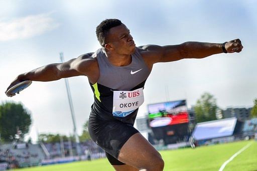 Lawrence Okoye competes during the Diamond League Athletics meeting in August last year